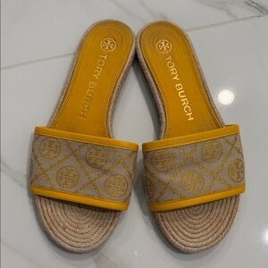 Tory Burch Beige and Yellow Slide Sandals